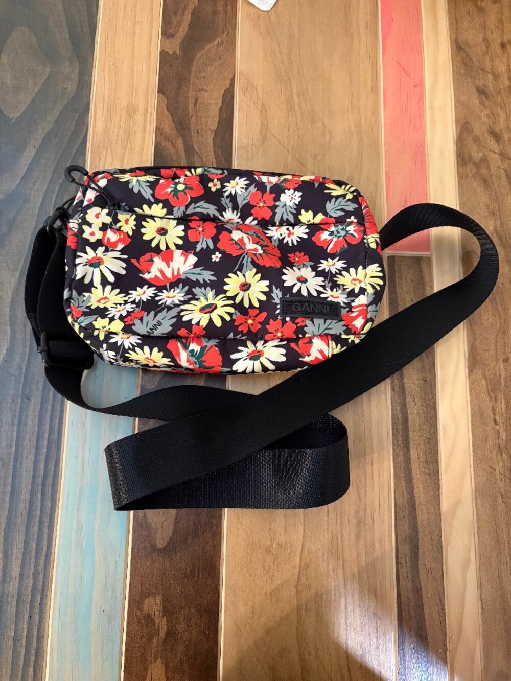 Ganni recycled polyester black and floral crossbody festival bag, EUC